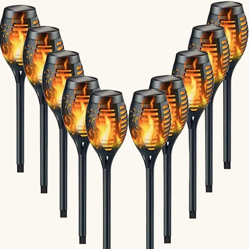 10 solar garden lights with flame effect on a white background