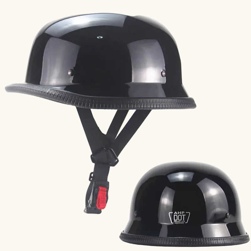 Black motorcycle helmet with chin strap on a white background