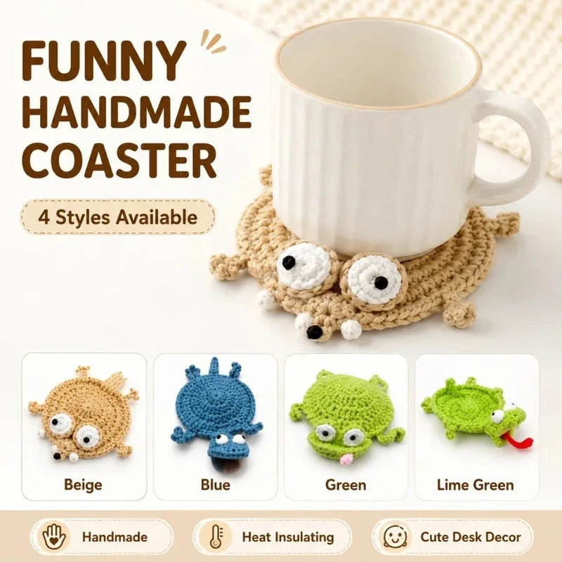 Crochet Animal Coaster Set of 4 - Handmade Squirrel, Frog and Lizard Cup Mats