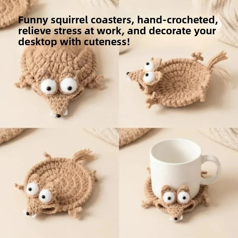 Crochet Animal Coaster Set of 4 - Handmade Squirrel, Frog and Lizard Cup Mats