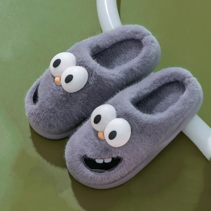 Big-Eye Grin Plush House Slippers - Cozy Non-Slip Winter Slides