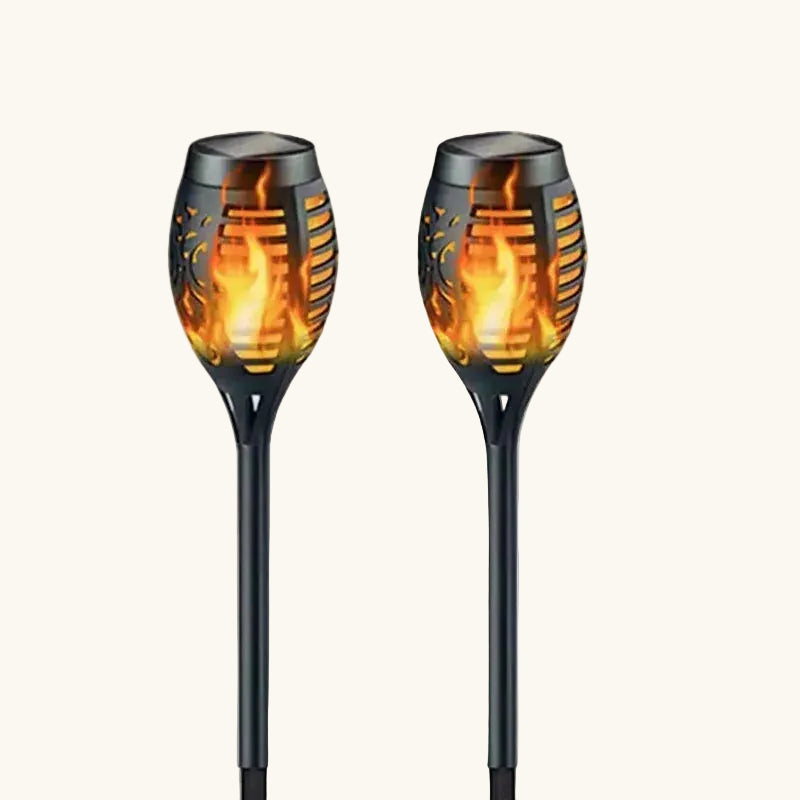 Two solar garden lights with flame design on a white background, labeled '2Pcs'.