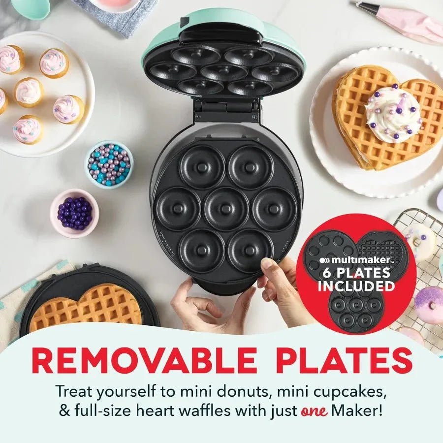 3 - in - 1 Mini Treat Maker System Donuts Cupcakes Heart Waffles Interchangeable Nonstick Plates 800W Compact - GiftMira