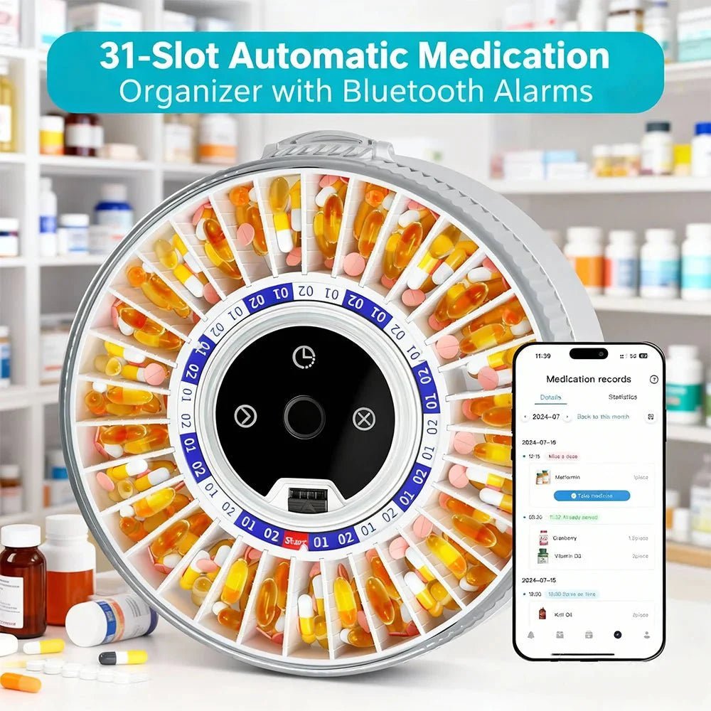31 - Day Automatic Smart Pill Organizer – Fingerprint Lock, Bluetooth App & USB - C Rechargeable - GiftMira