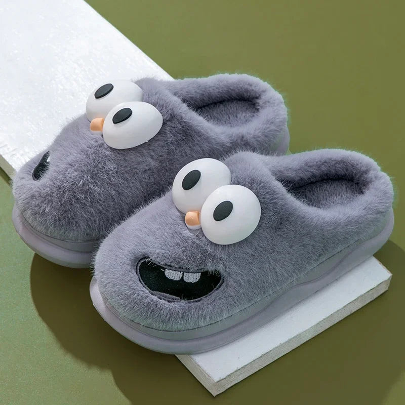 Big-Eye Grin Plush House Slippers - Cozy Non-Slip Winter Slides