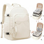 An off-white/cream backpack shown on a white background, with two smaller inset views on the right showing the backpack organizer compartment opened to demonstrate its storage capacity.