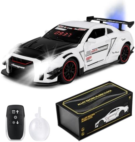 Sports Car Alarm Clock with Engine Sound, Mist Exhaust & LED Lights — Die-Cast Desktop Hypercar
