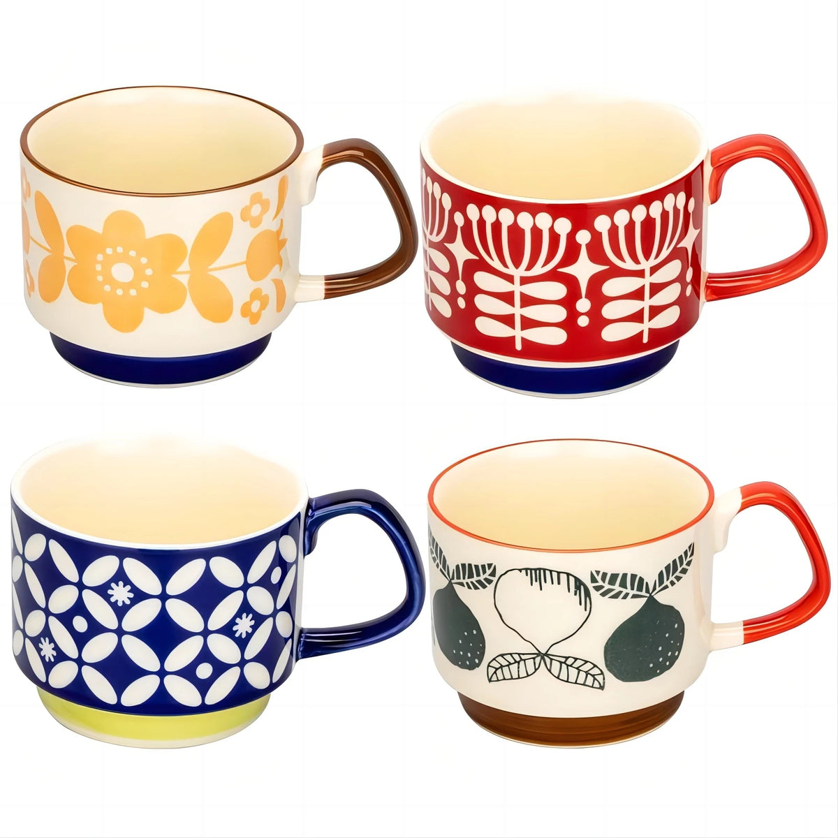 Retro Ceramic Coffee Mug Set of 4 - Stackable 300ml Nordic Pattern Cups