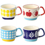 Retro Ceramic Coffee Mug Set of 4 - Stackable 300ml Nordic Pattern Cups