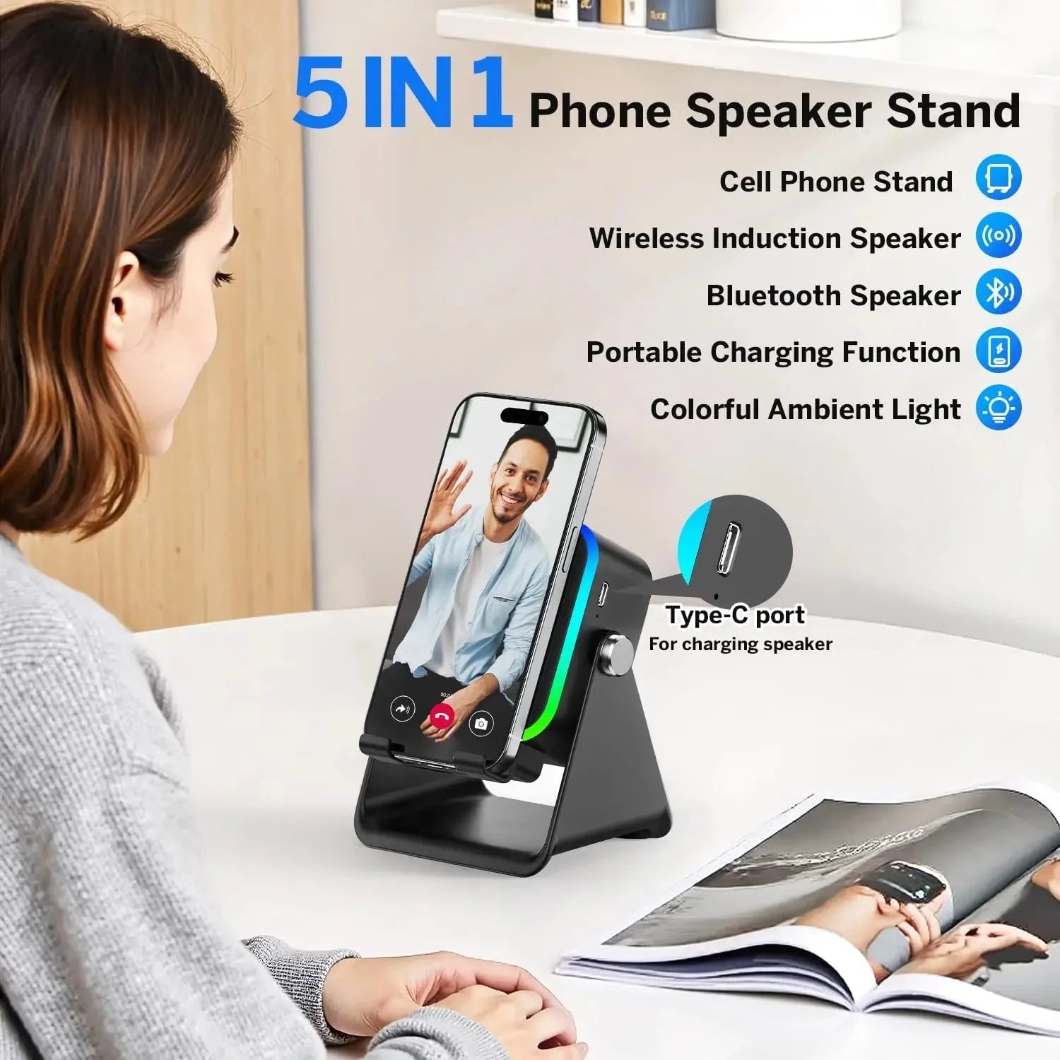 5 - in - 1 Wireless Bluetooth Speaker Phone Stand RGB Light Auto Induction Charger Portable Surround Sound - GiftMira