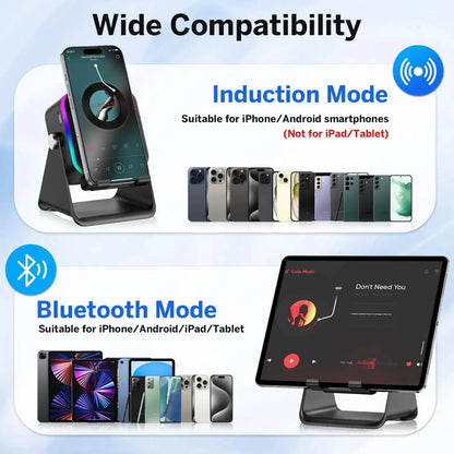 5 - in - 1 Wireless Bluetooth Speaker Phone Stand RGB Light Auto Induction Charger Portable Surround Sound - GiftMira