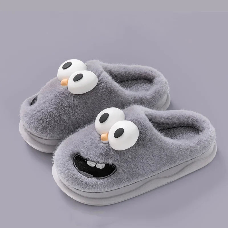 Big-Eye Grin Plush House Slippers - Cozy Non-Slip Winter Slides