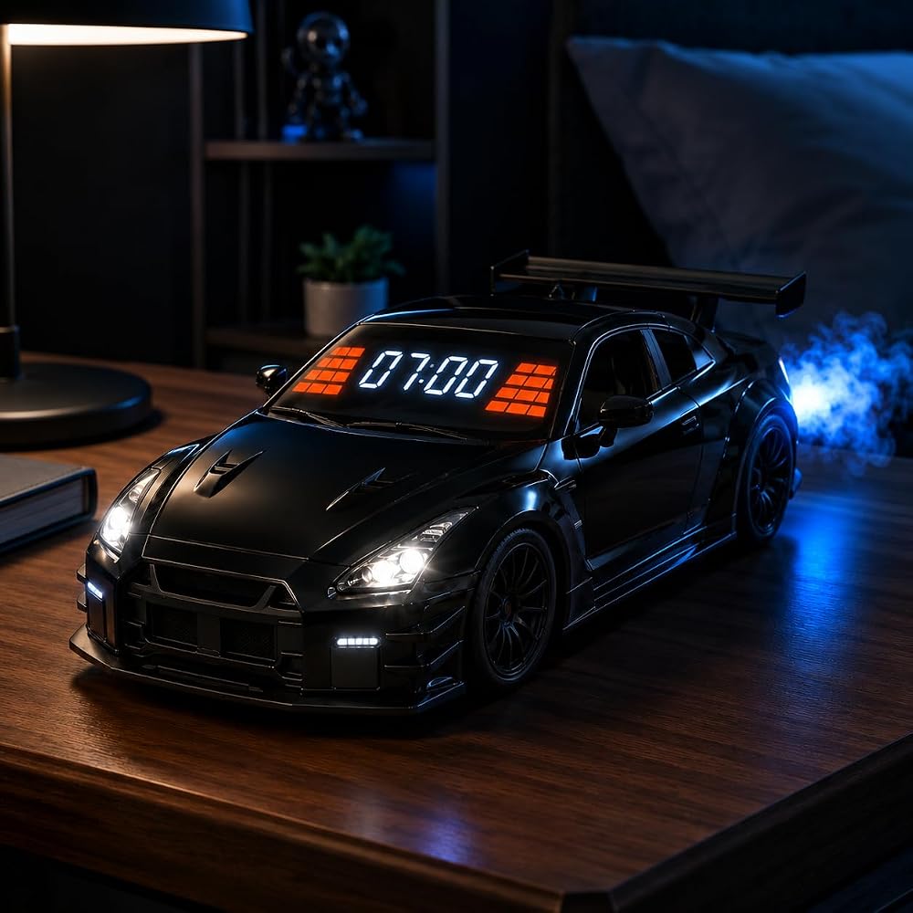 Sports Car Alarm Clock with Engine Sound, Mist Exhaust & LED Lights — Die-Cast Desktop Hypercar
