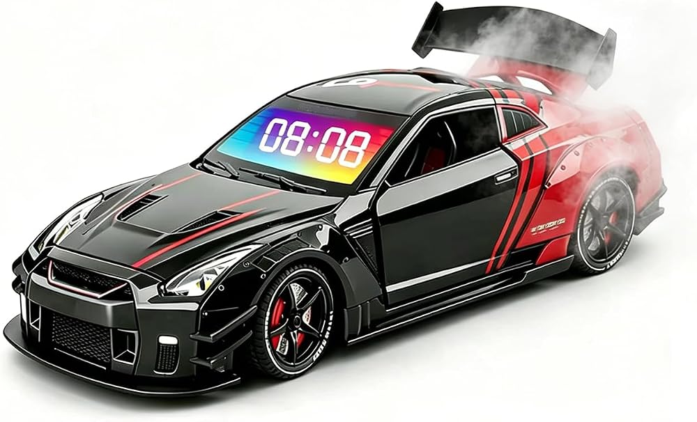 Sports Car Alarm Clock with Engine Sound, Mist Exhaust & LED Lights — Die-Cast Desktop Hypercar