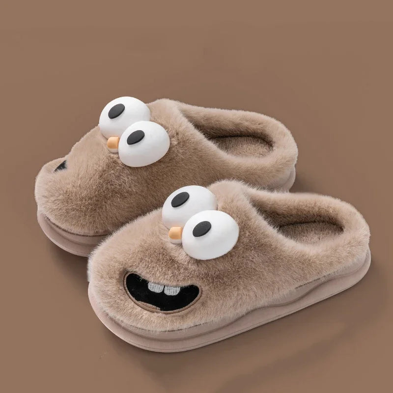Big-Eye Grin Plush House Slippers - Cozy Non-Slip Winter Slides