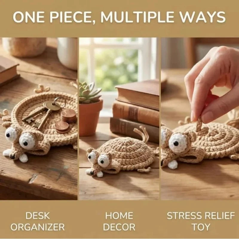 Crochet Animal Coaster Set of 4 - Handmade Squirrel, Frog and Lizard Cup Mats