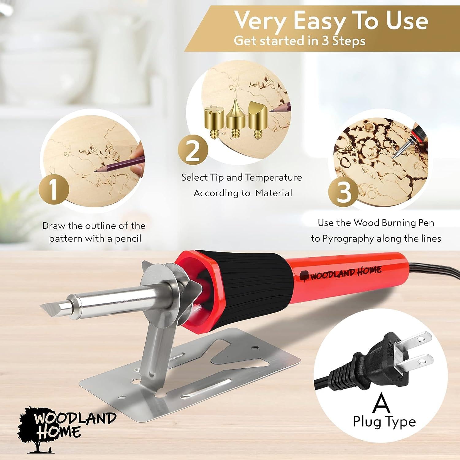 Wood burning pyrography kit with adjustable temperature pen and case
