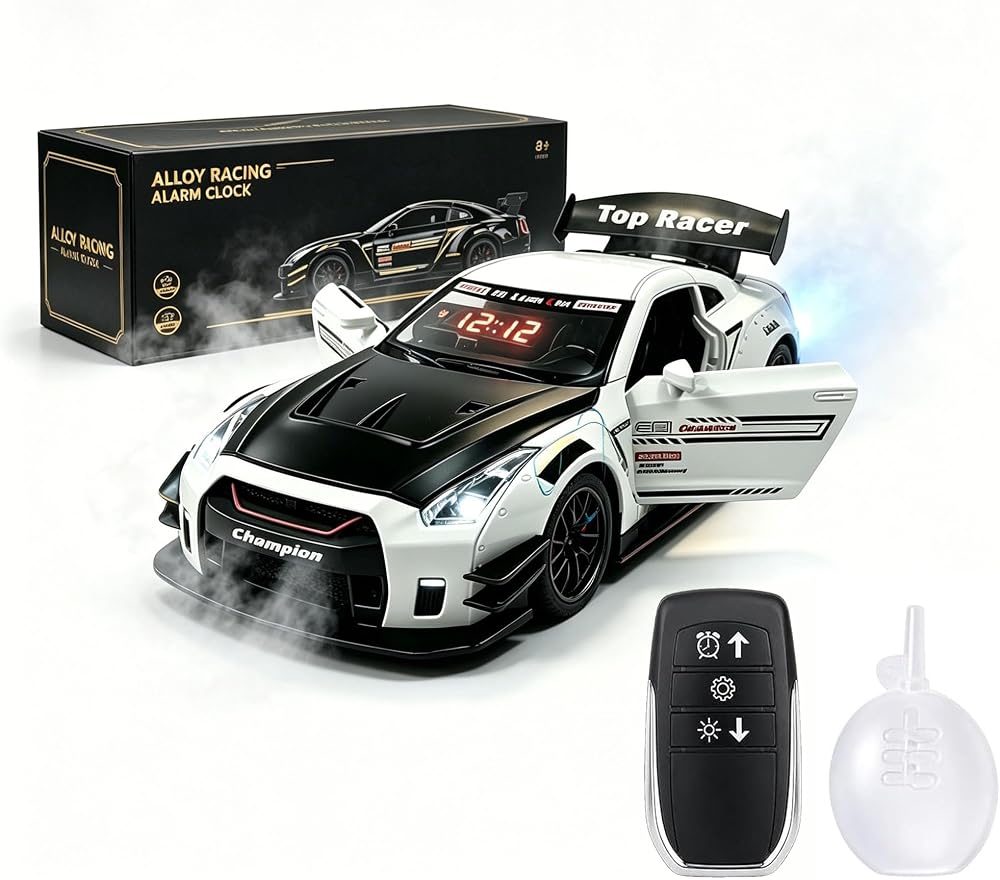 Sports Car Alarm Clock with Engine Sound, Mist Exhaust & LED Lights — Die-Cast Desktop Hypercar