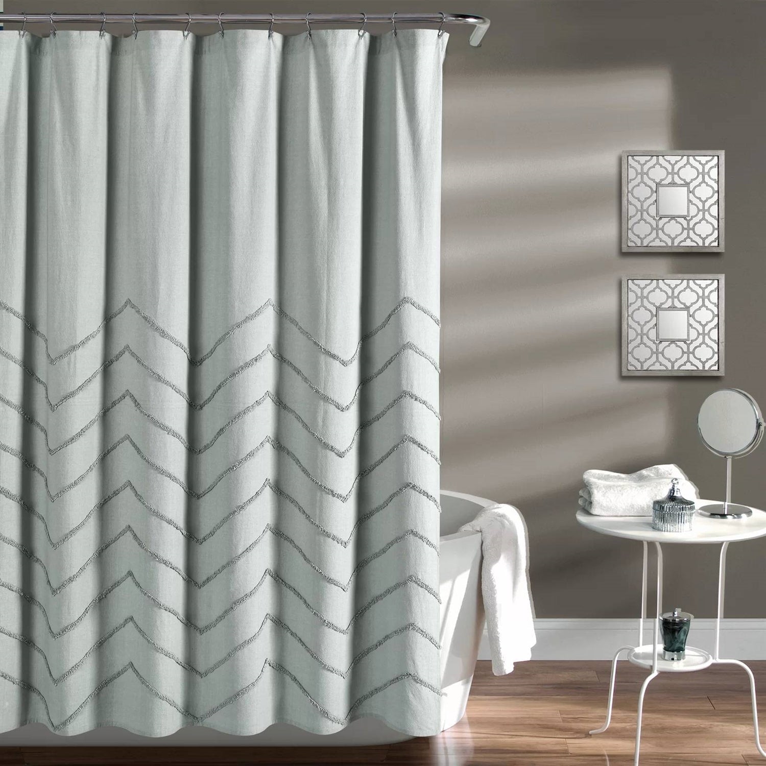 72 - inch Pastel Blue Chenille Cotton Shower Curtain with Chevron Pattern - GiftMira