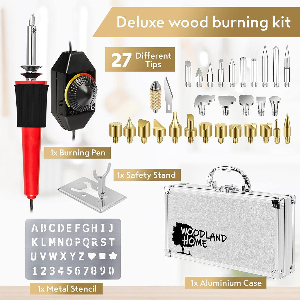Wood burning pyrography kit with adjustable temperature pen and case
