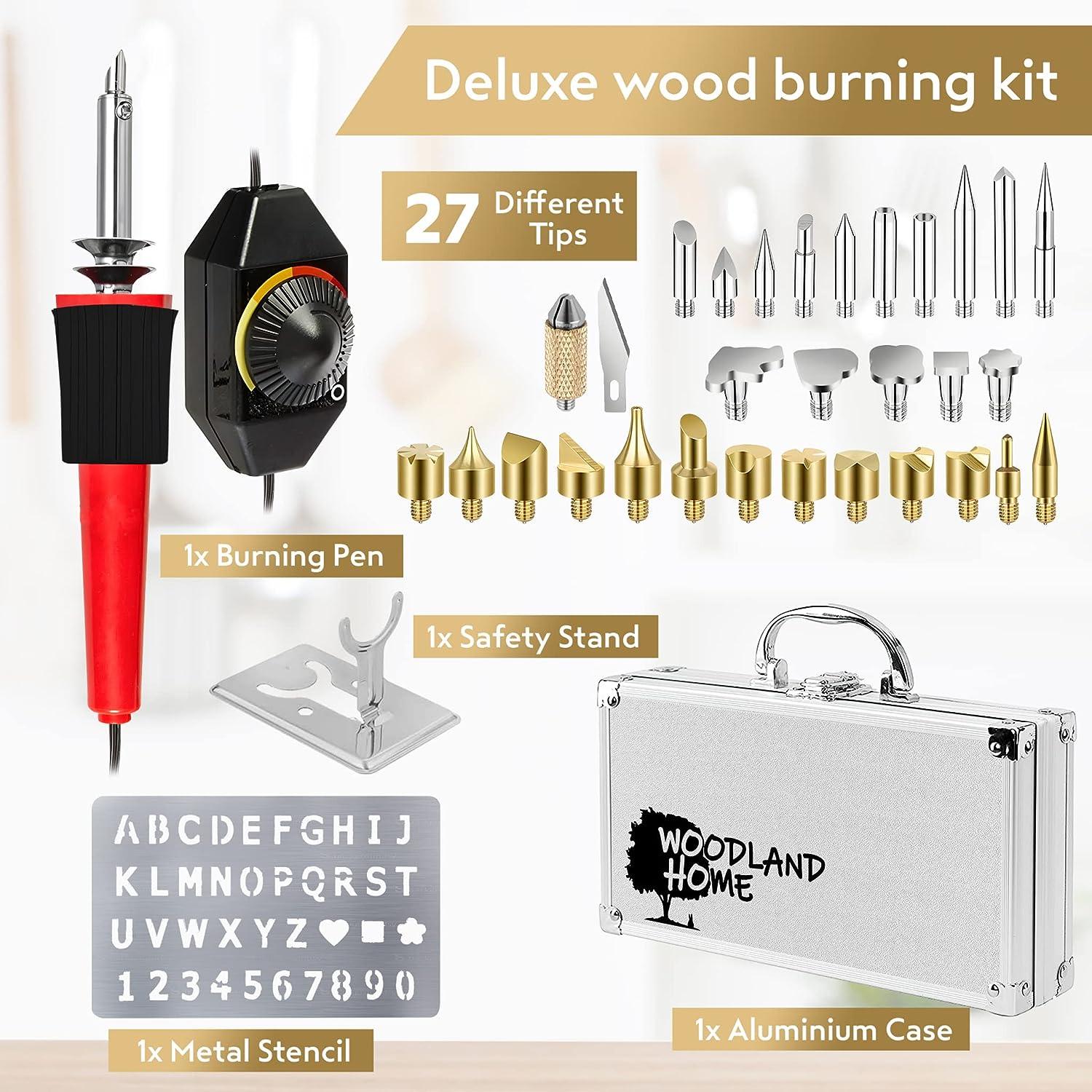 Wood burning pyrography kit with adjustable temperature pen and case