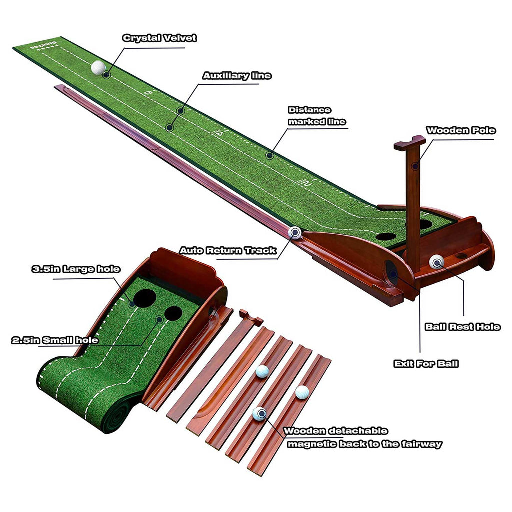 Indoor Putting Green 9.8ft with Auto Ball Return, Solid Wood Track, 2 Holes & Crystal Velvet Surface