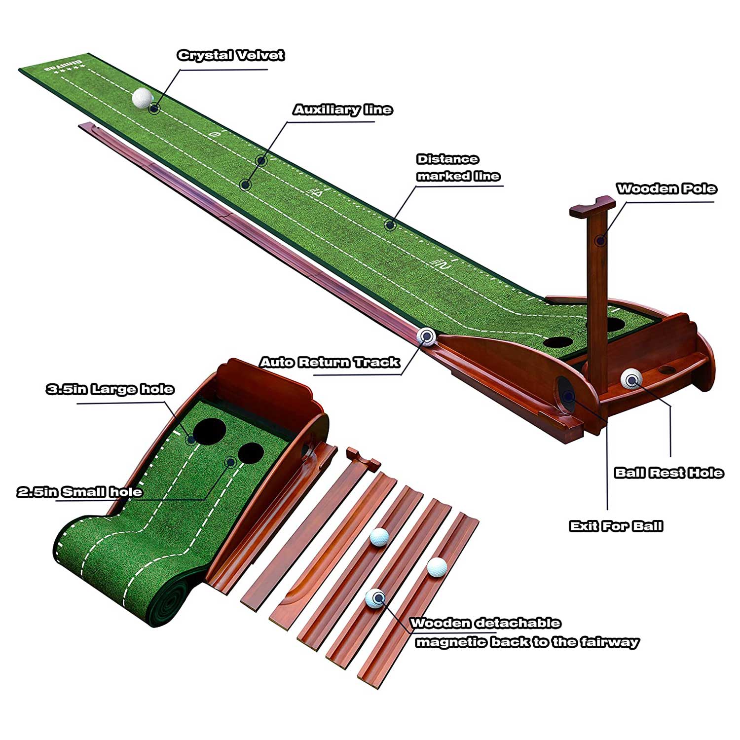 Indoor Putting Green 9.8ft with Auto Ball Return, Solid Wood Track, 2 Holes & Crystal Velvet Surface
