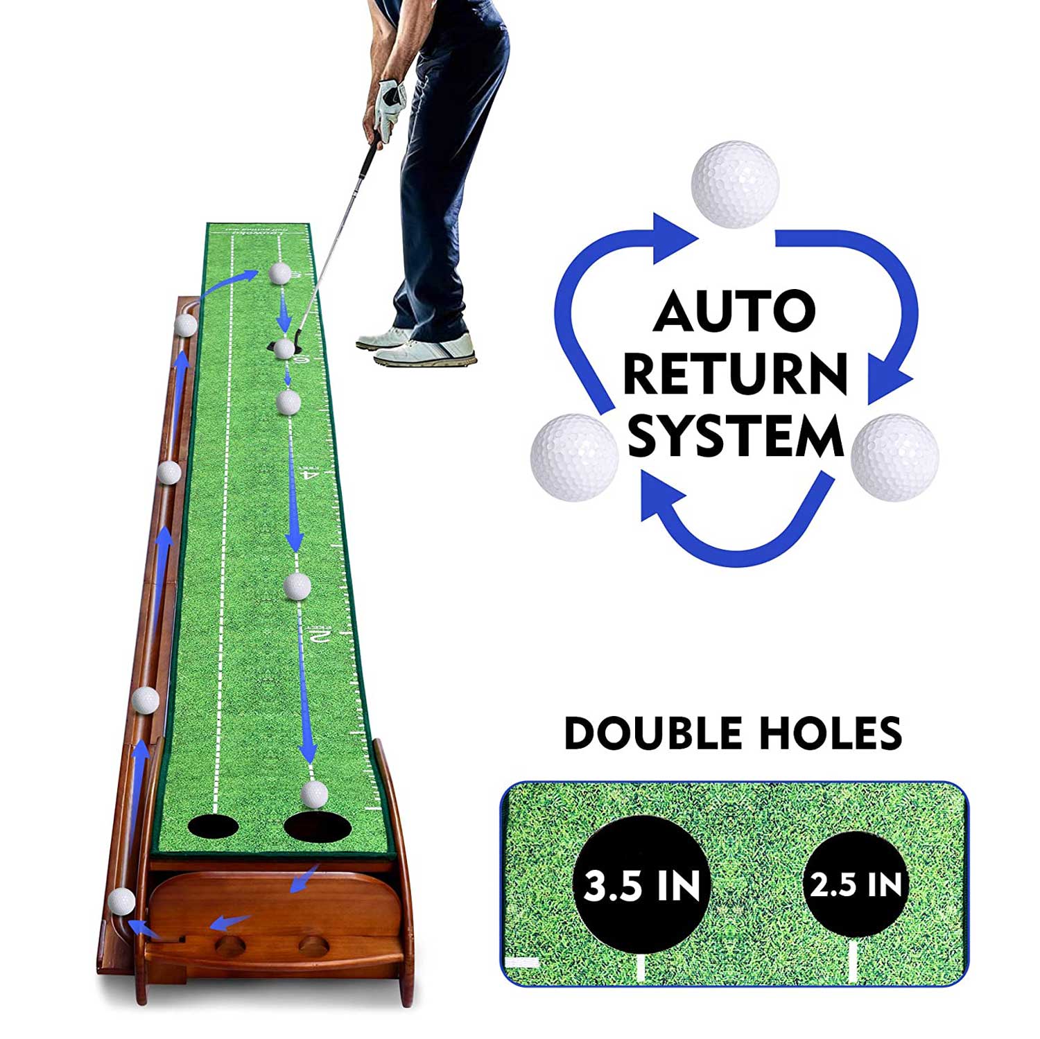 Indoor Putting Green 9.8ft with Auto Ball Return, Solid Wood Track, 2 Holes & Crystal Velvet Surface