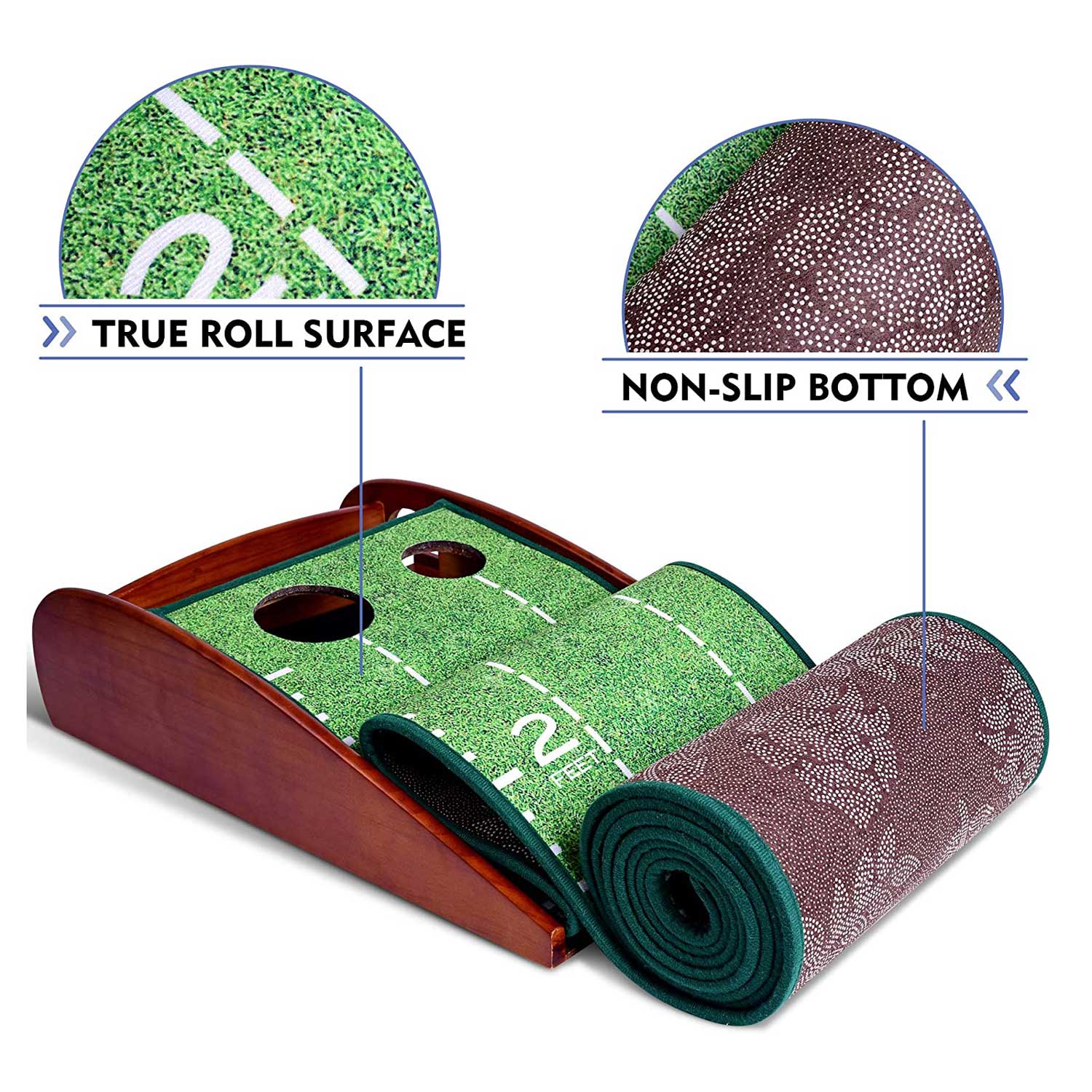 Indoor Putting Green 9.8ft with Auto Ball Return, Solid Wood Track, 2 Holes & Crystal Velvet Surface