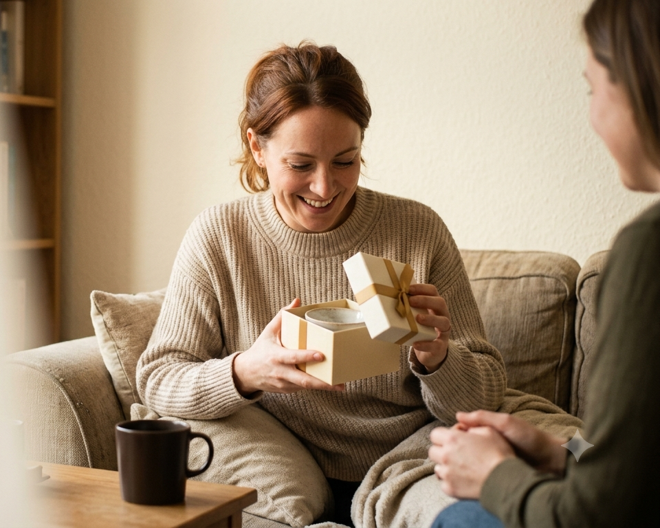 A woman in a beige knit sweater sits on a couch in a cozy living room, smiling as she opens a small gift box tied with a gold ribbon. Another person is seated across from her, and a black mug sits on a wooden table nearby.
