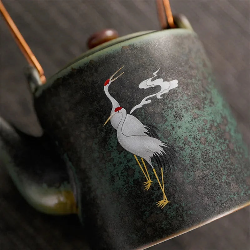 Japanese Kiln-Change Ceramic Teapot - Hand-Painted Crane, Copper Handle - 4