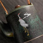 Japanese Kiln-Change Ceramic Teapot - Hand-Painted Crane, Copper Handle - 4