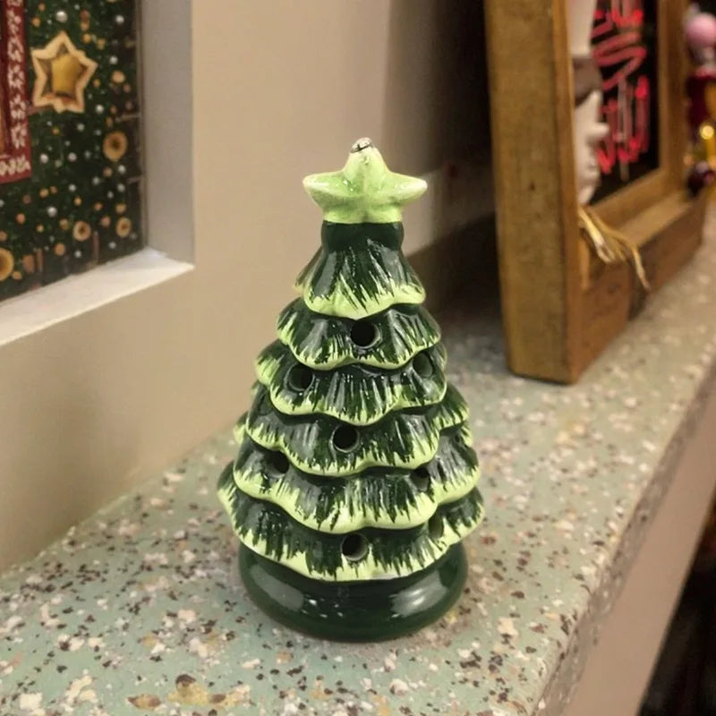 Ceramic Christmas Tree Tealight Holder - 11cm Glazed Green P