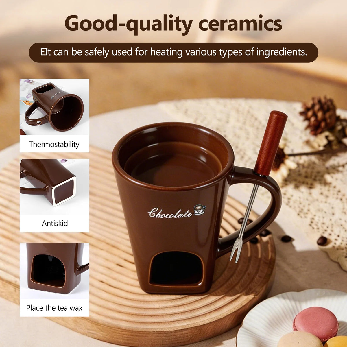 Ceramic Fondue Mug with Fork - Dark Brown