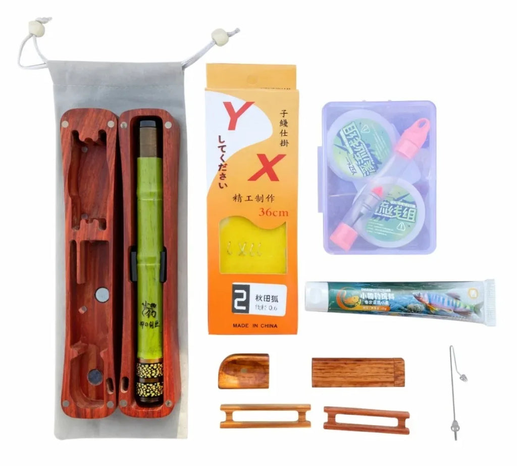 Tenkara Fishing Rod with Wooden Case - 1.7m Ultralight Stream Rod - Green