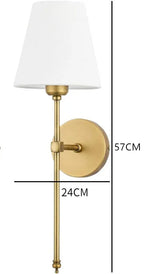 Modern wall sconce, brass finish, white fabric shade - single