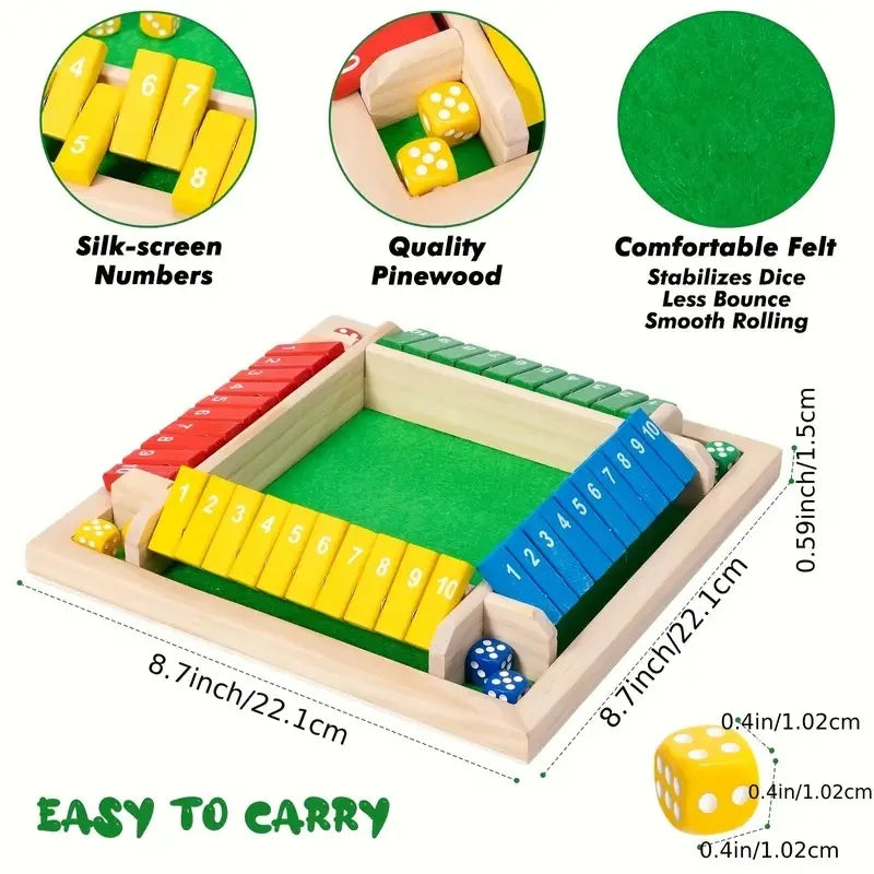 Shut The Box Wooden Dice Game - 4 Player Family Board Game w - 2
