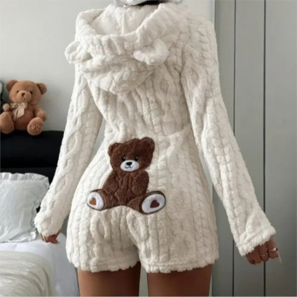 Plush Hooded Romper - Teddy Bear Fleece Loungewear with Shorts - view 1