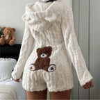 Plush Hooded Romper - Teddy Bear Fleece Loungewear with Shorts - view 1