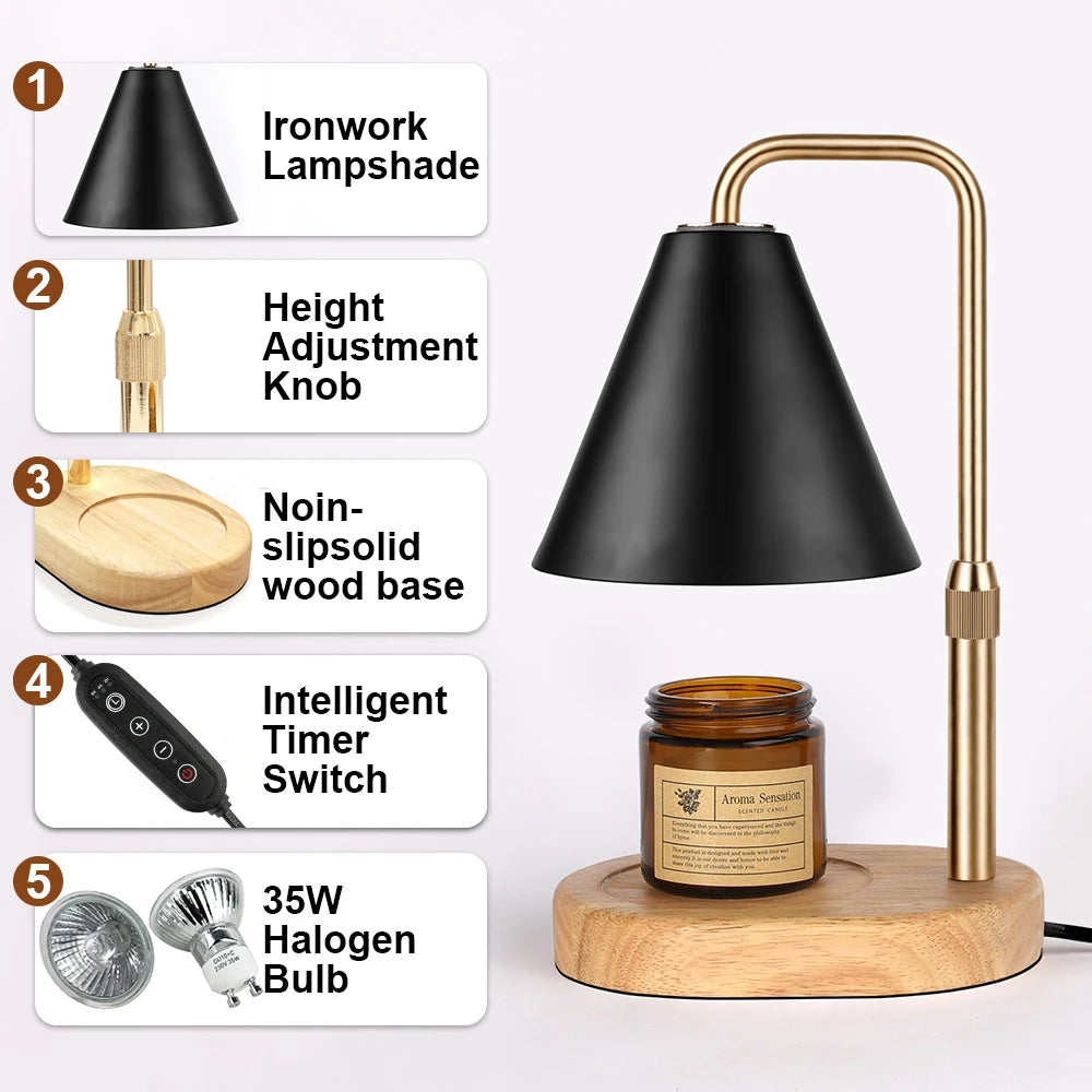 Candle Warmer Lamp with Timer and Dimmer - Ironwork Shade, Adjustable Height Wax Melting Lamp