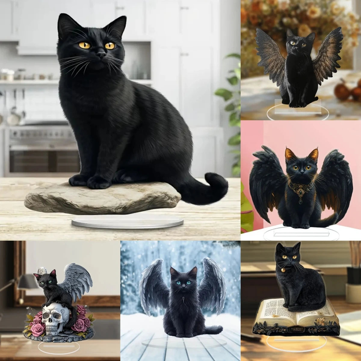 Winged Black Cat Acrylic Standee - Gothic Desk and Shelf Ornament - 1