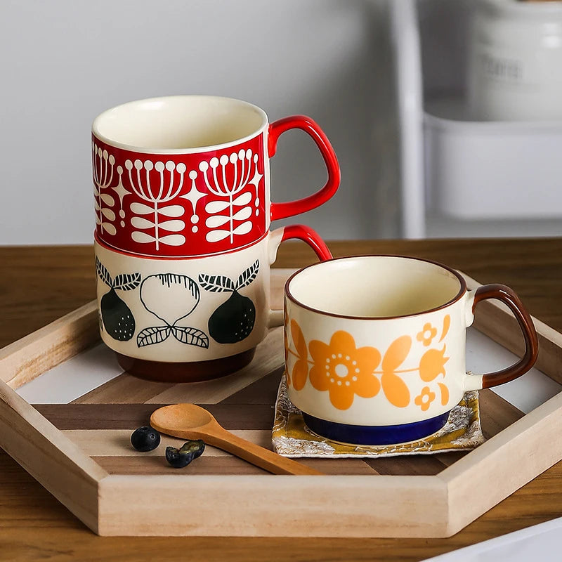 Retro Ceramic Coffee Mug Set of 4 - Stackable 300ml Nordic Pattern Cups - 3