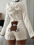Plush Hooded Romper - Teddy Bear Fleece Loungewear with Shorts - Cream / S