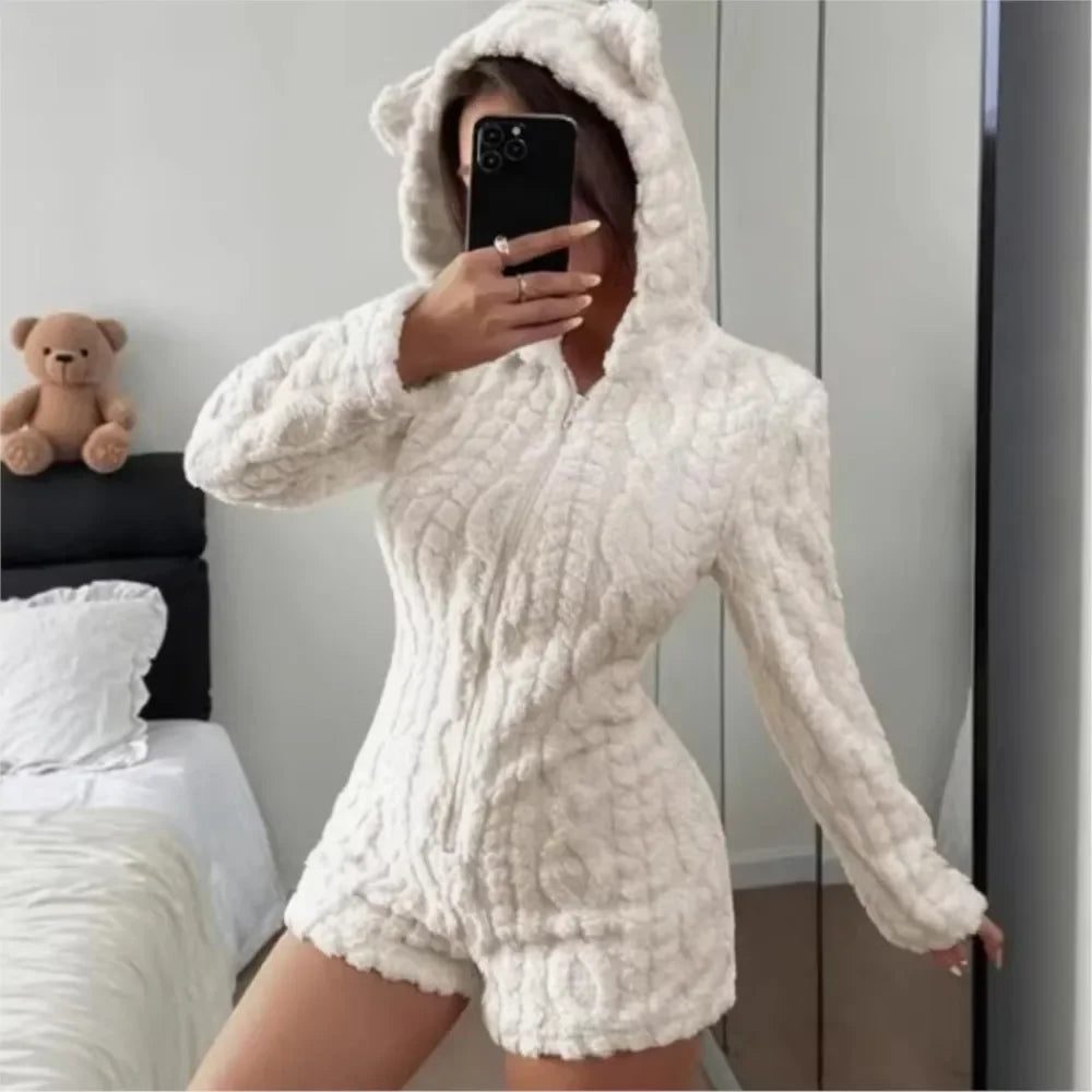 Plush Hooded Romper - Teddy Bear Fleece Loungewear with Shorts - view 2