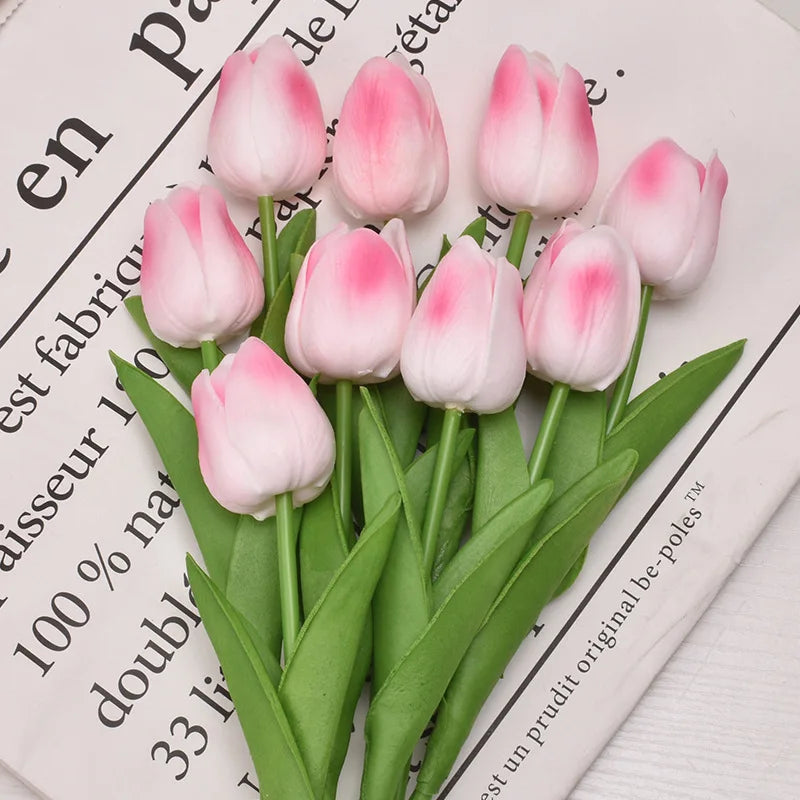 Real-Touch Artificial Tulips - 10 Stem Bouquet for Vases and Table Decor - Pink and White