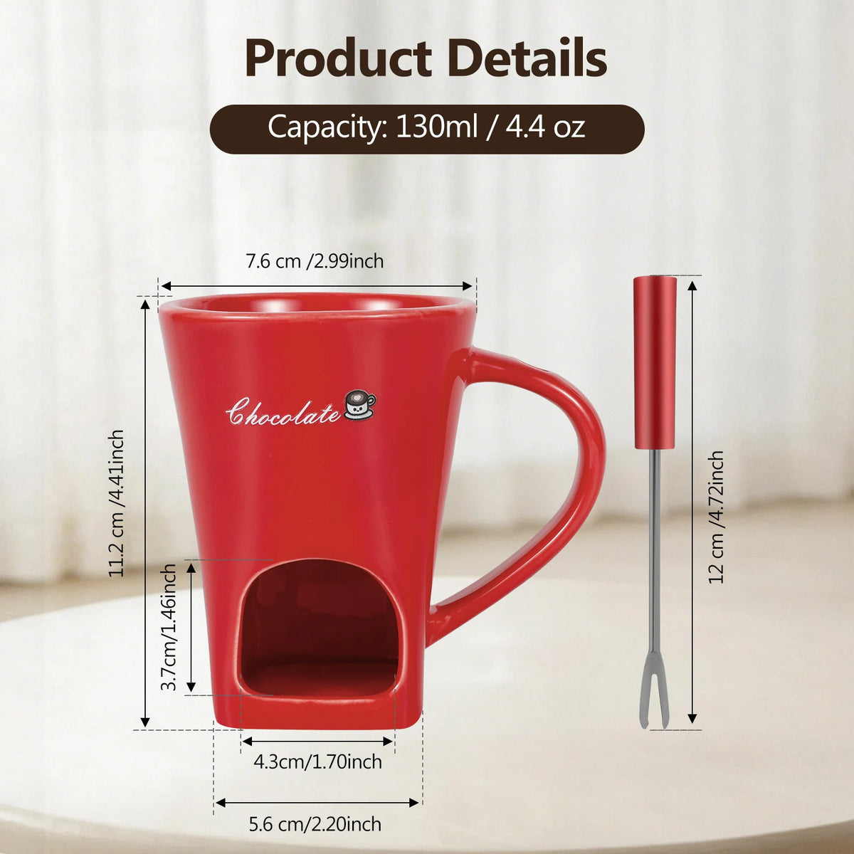 Ceramic Fondue Mug with Fork - Personal Chocolate and Cheese Melting Pot, Tea Light Heated