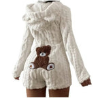 Plush Hooded Romper - Teddy Bear Fleece Loungewear with Shorts - view 4