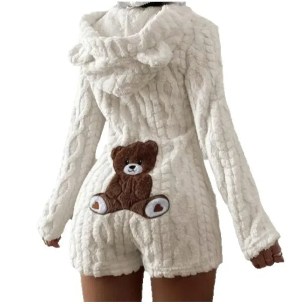 Plush Hooded Romper - Teddy Bear Fleece Loungewear with Shorts - view 4