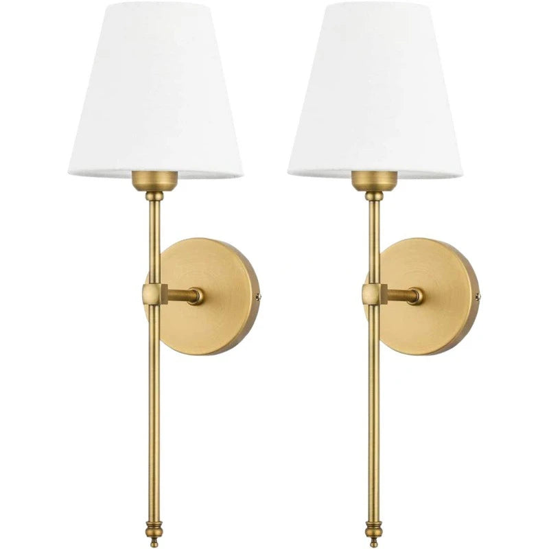 Modern wall sconce, brass finish, white fabric shade - set of 2