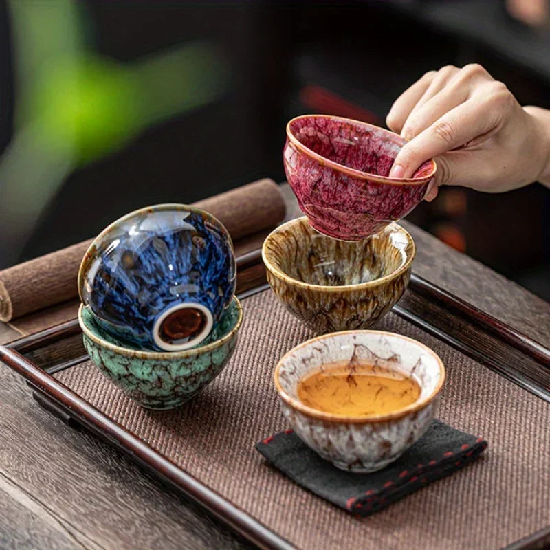 Ceramic Teacup Set of 5 - Handmade Kiln-Change Glaze Kung Fu Tea Cups, Gift Boxed - gallery 3